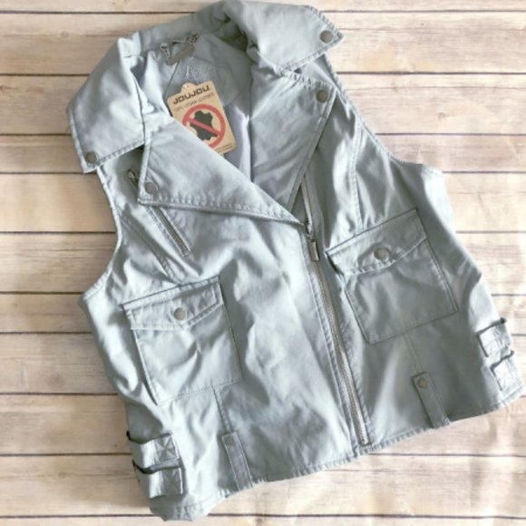 Jou Jou Jackets & Blazers - Jou Jou Gray Vegan Leather Moto Vest Size XL